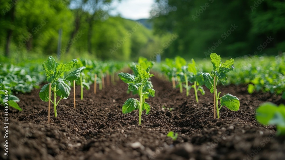 Young spinach plants growing in a well-maintained garden with labeled stakes and rich dark soil. Generative AI Young spinach plants growing in a well-maintained garden with labeled stakes and rich dark soil. Generative AI