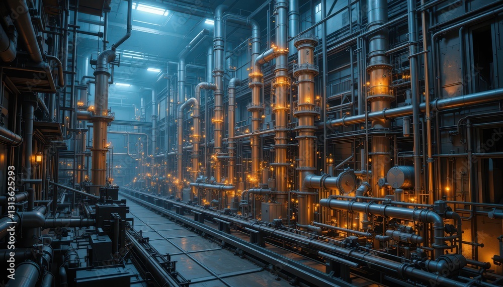 Industrial Factory Interior with Pipes and Illuminated Structures Industrial Factory Interior with Pipes and Illuminated Structures