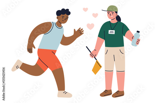 Vector illustration of sports volunteer assisting running athlete at event. Concept of teamwork, competition, encouragement, and motivation in marathon or race. Flat cartoon characters