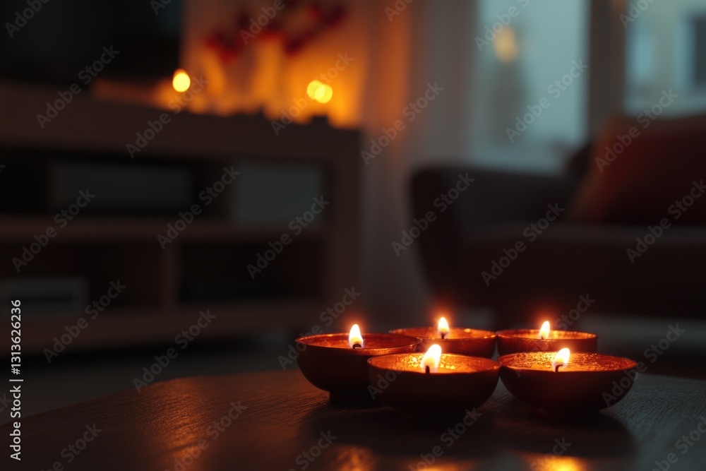 Lit candles on table create intimate and cozy atmosphere. Lit candles on table create intimate and cozy atmosphere.
