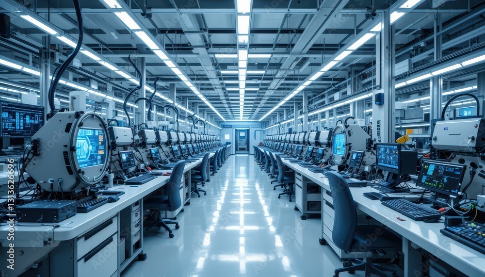 High-Tech Manufacturing Facility with Modern Workstations and Equipment High-Tech Manufacturing Facility with Modern Workstations and Equipment