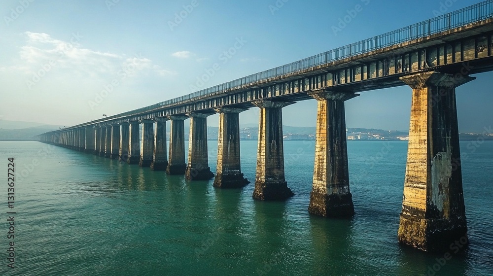 Long concrete bridge stretching across calm ocean water under a clear sky. Long concrete bridge stretching across calm ocean water under a clear sky.