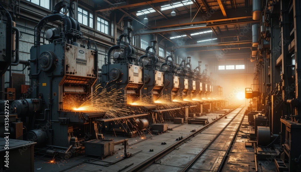Industrial Steel Factory with Sparks and Machinery in Workshop Industrial Steel Factory with Sparks and Machinery in Workshop