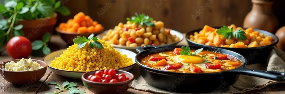 A table laden with colorful Libyan Easter couscous and shakshouka , colorful, gathering A table laden with colorful Libyan Easter couscous and shakshouka , colorful, gathering