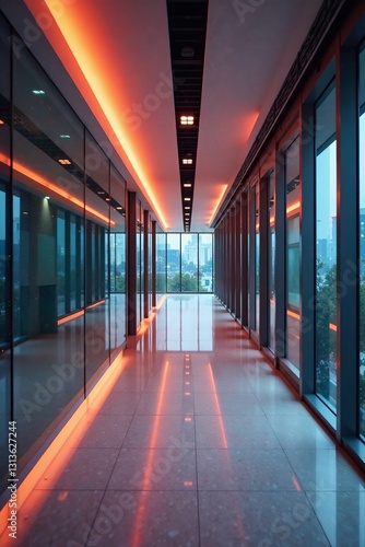 Modern office illuminated corridor with sleek design and glass walls  illuminated  glass  modern