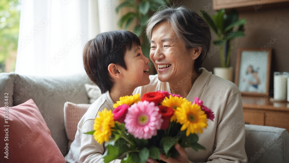 Heartwarming Mother's Day Moment: Asian Mother and Child Sharing Joy in Cozy Home Setting, Perfect for Greeting Cards and Family Campaigns Heartwarming Mother's Day Moment: Asian Mother and Child Sharing Joy in Cozy Home Setting, Perfect for Greeting Cards and Family Campaigns