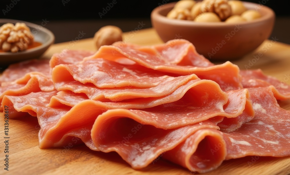 Freshly sliced cured meat on wood Freshly sliced cured meat on wood