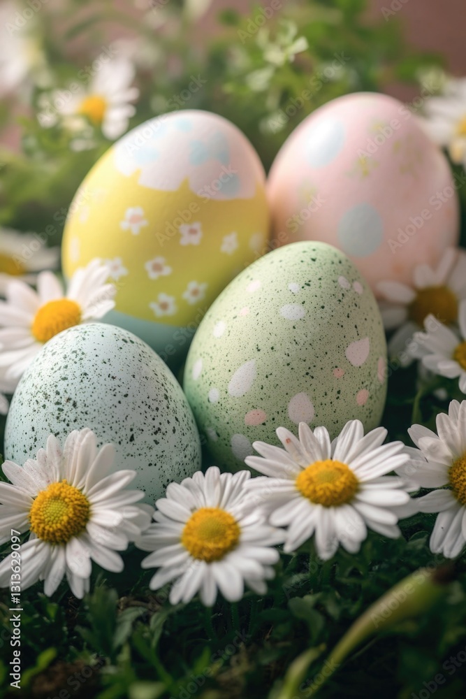 A festive scene with decorative Easter eggs nestled among blooming daisies. A festive scene with decorative Easter eggs nestled among blooming daisies.