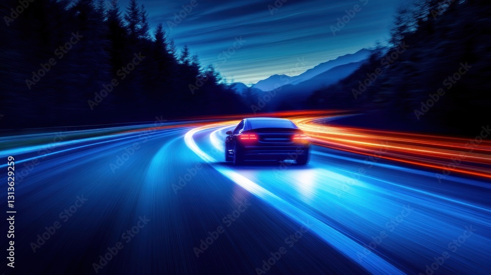 Fototapeta premium Night Drive: Speed, Lights, and Mountain Scenery
