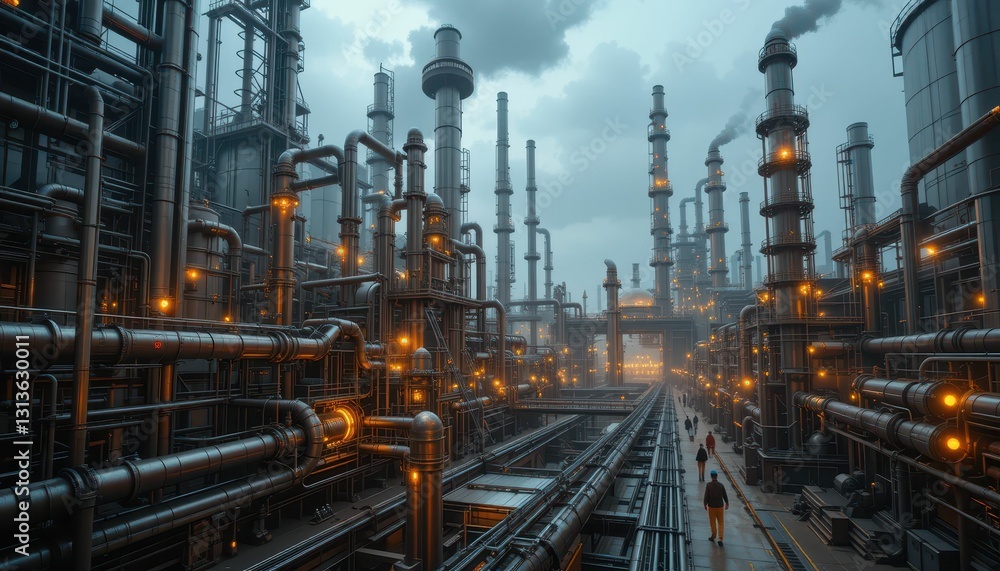 Fototapeta premium Industrial Complex with Towers, Pipes, and Smokestacks at Dusk