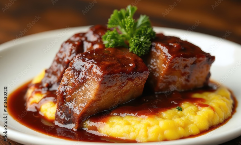 Savory pork belly on creamy polenta Savory pork belly on creamy polenta