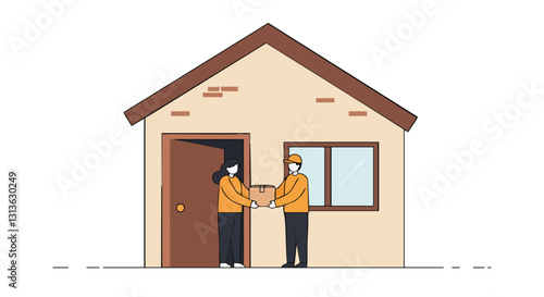 A delivery person handing a package to a homeowner in front of a small house, symbolizing home delivery service.