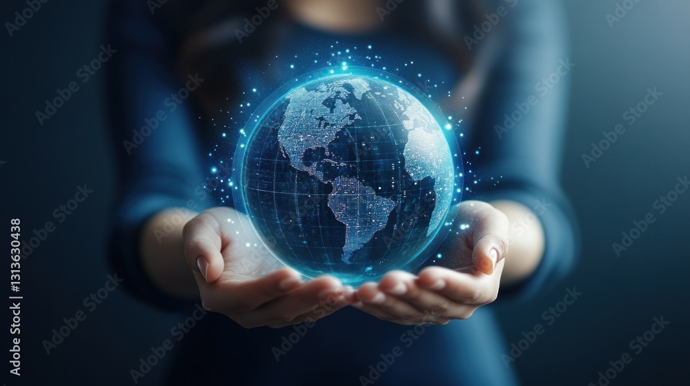 Global Connection: A Woman's Hands Gently Cradle a Holographic Earth, Representing Worldwide Interconnectivity and Technological Advancement Global Connection: A Woman's Hands Gently Cradle a Holographic Earth, Representing Worldwide Interconnectivity and Technological Advancement