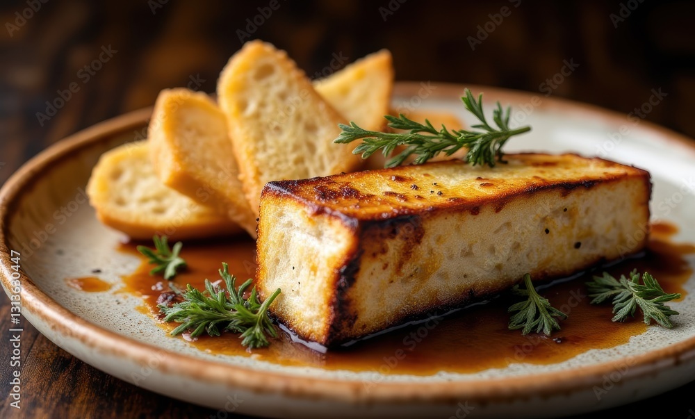 Grilled tofu with crispy bread slices Grilled tofu with crispy bread slices