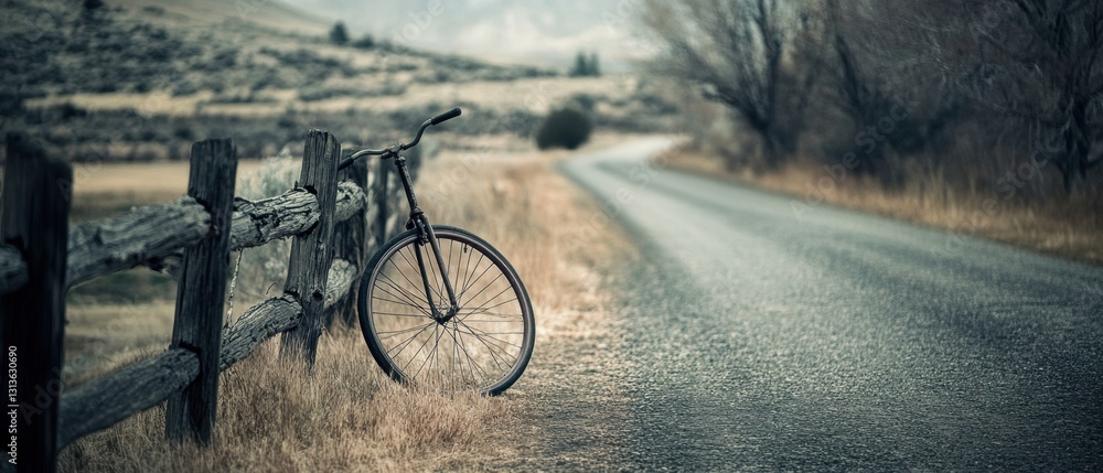 Obraz premium Lonely Vintage Bicycle Leaning Against Fence in Serene Countryside Landscape with Road and Mountains in Background