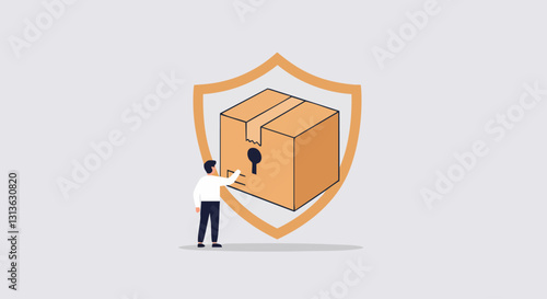 A person interacts with a shield-protected package, symbolizing secure delivery or protection of goods, on a light background.