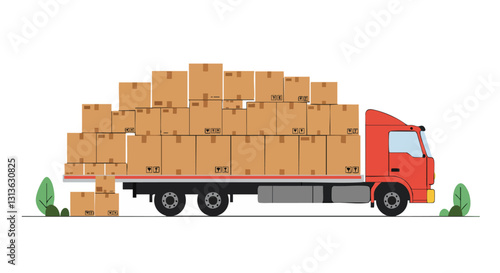 A red truck carrying a large load of stacked cardboard boxes, representing efficient logistics and transportation solutions.