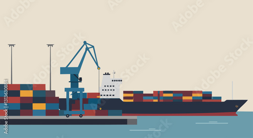 Illustration of a shipping port with cargo containers being loaded onto a vessel by a crane under clear skies.