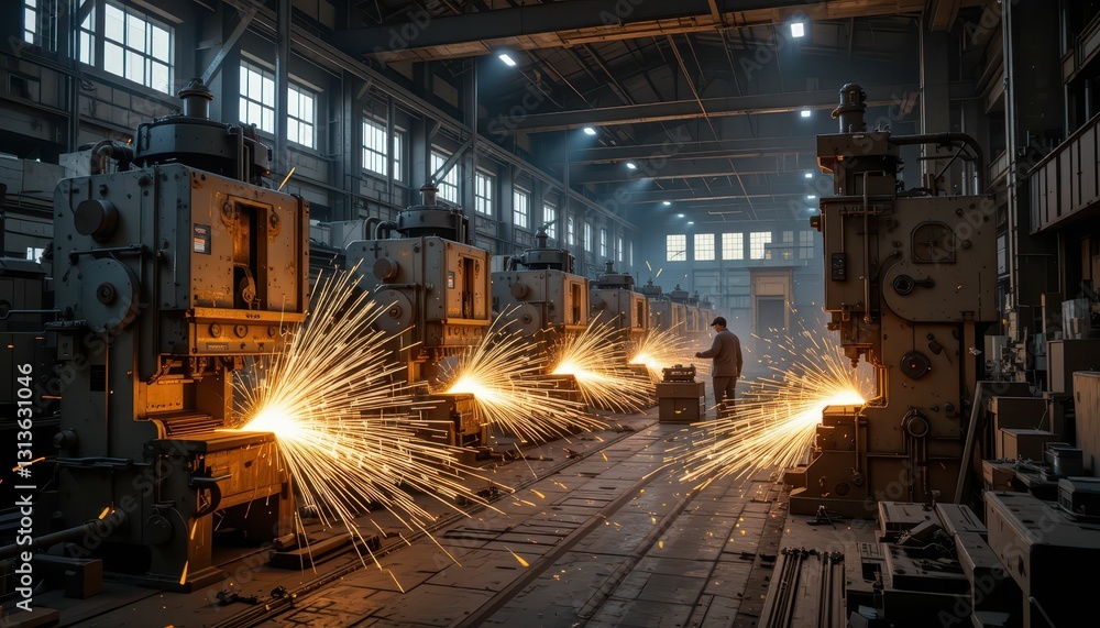 Industrial Factory Scene with Sparks Flying from Machinery Equipment Industrial Factory Scene with Sparks Flying from Machinery Equipment