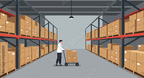 A warehouse worker pushes a pallet jack loaded with boxes amidst rows of shelves, depicting logistics and supply chain operations.