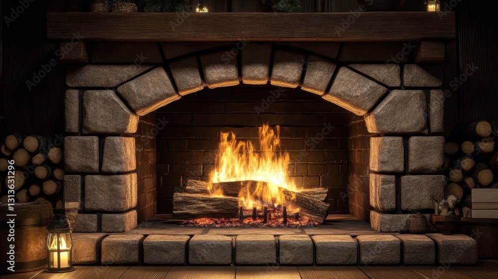 Fototapeta premium An inviting atmosphere created by a stone fireplace.