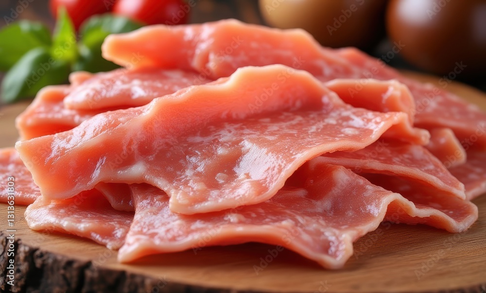 Freshly sliced meat on wooden board Freshly sliced meat on wooden board