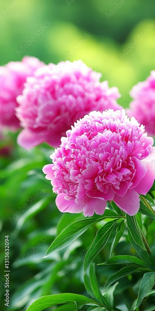 Pink Double Bloom Peonies In Bloom, Green Background With Copy Space For Text Placement. Pink Double Bloom Peonies In Bloom, Green Background With Copy Space For Text Placement.