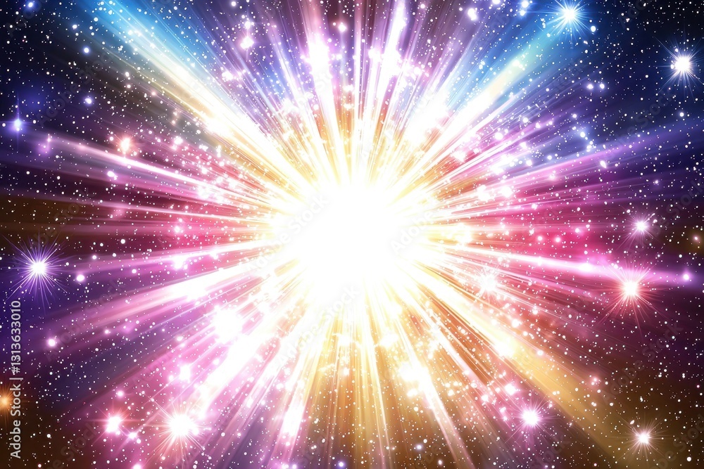 A dazzling explosion of starlight, radiating outwards in a cosmic burst, illuminating the vast expanse of space with vibrant colors and shimmering particles. A dazzling explosion of starlight, radiating outwards in a cosmic burst, illuminating the vast expanse of space with vibrant colors and shimmering particles.