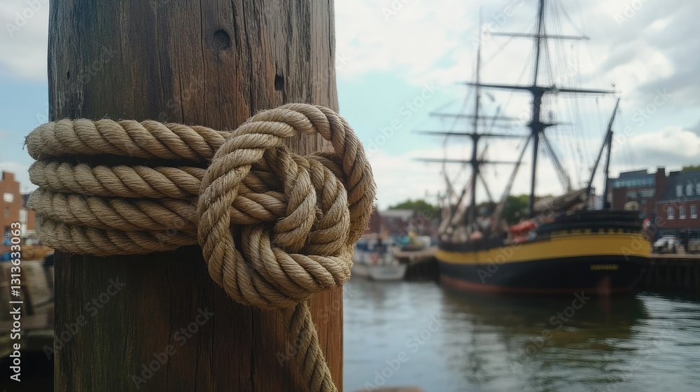 Obraz premium A close-up shot of a rope knot on a weathered wooden post in a maritime museum, with old ships and nautical artifacts in the background.