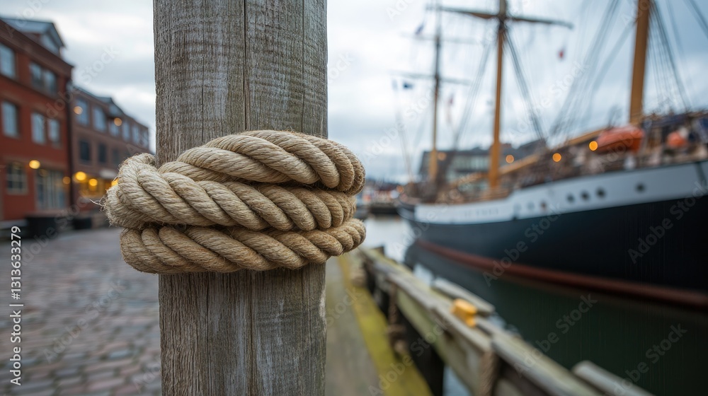 Obraz premium A close-up view of a traditional nautical rope knot tied on a wooden post in a maritime museum, with ships and maritime history in the background.