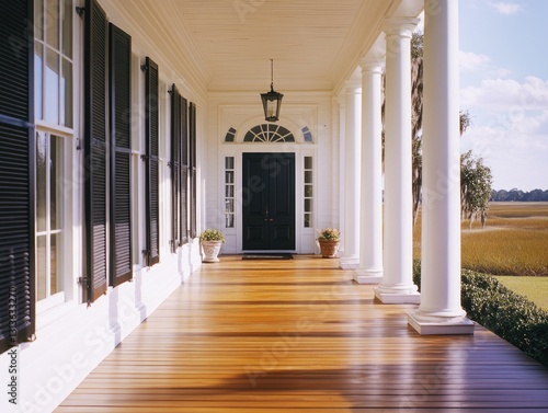 A classic southern-style house with a large porch and white columns leading to the front door. The balcony is supported by elegant wooden columns, and there's outdoor furniture inviting relaxation.