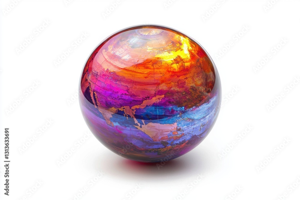 A vibrant and colorful globe with painted continents, showcasing a blend of orange, pink, and blue hues, sitting on a pure white background. Detailed world map design. A vibrant and colorful globe with painted continents, showcasing a blend of orange, pink, and blue hues, sitting on a pure white background. Detailed world map design.