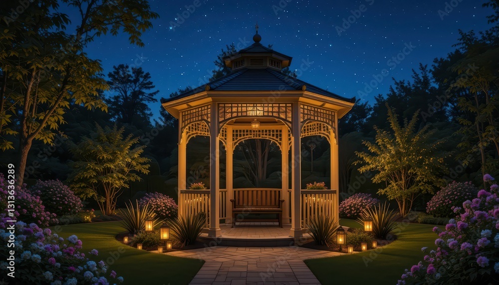 Obraz premium Romantic Night Scene of a Gazebo Surrounded by Blooming Flowers
