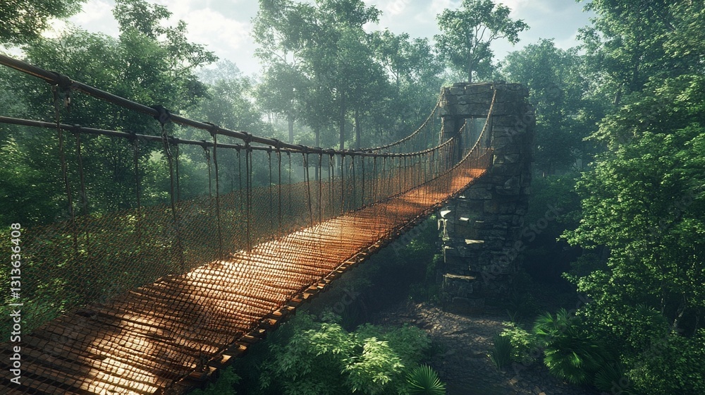 Rusty suspension bridge crossing a lush green jungle, misty atmosphere. Rusty suspension bridge crossing a lush green jungle, misty atmosphere.
