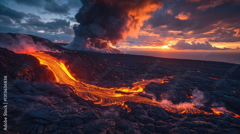 Majestic Flow of Lava at Sunset with Dark Volcanic Ash Clouds and Vibrant Skies Over a Volcanic Landscape Majestic Flow of Lava at Sunset with Dark Volcanic Ash Clouds and Vibrant Skies Over a Volcanic Landscape