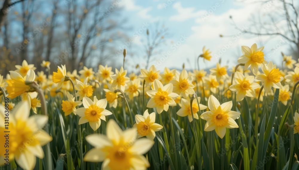 Vibrant Field of Yellow Daffodils Under Bright Blue Sky Vibrant Field of Yellow Daffodils Under Bright Blue Sky