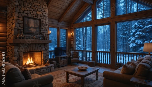 Cozy Winter Cabin Living Room with Fireplace and Snowy View