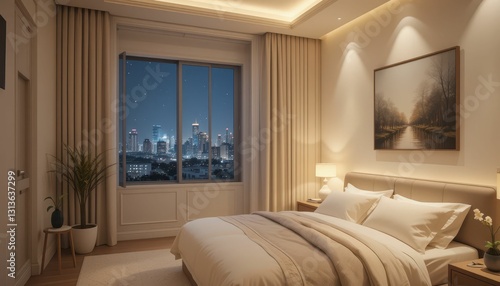 Cozy Bedroom with City View at Night Featuring Soft Lighting