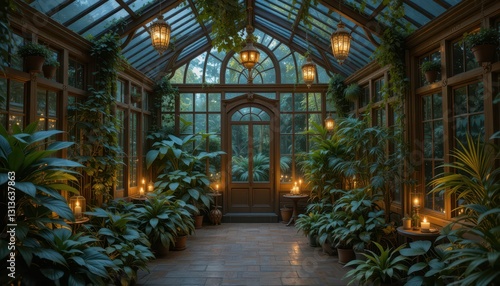 Serene Glasshouse with Lush Greenery and Ambient Lantern Lighting