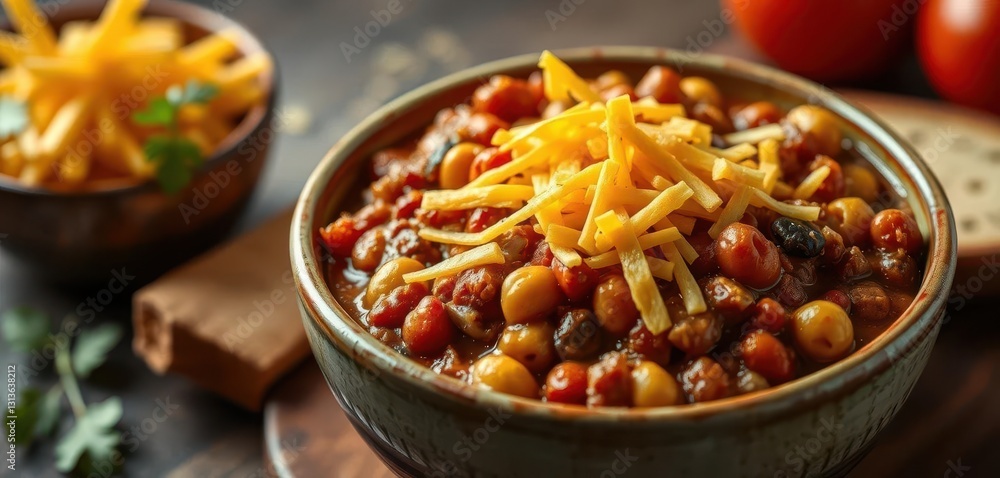 Creamy cheddar cheese topping a bowl of hearty chili mac, spicy, white Creamy cheddar cheese topping a bowl of hearty chili mac, spicy, white