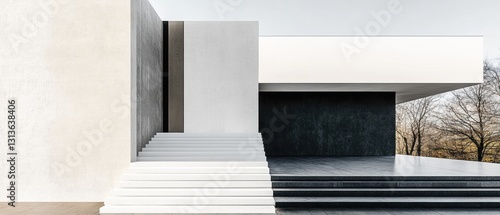 Modern minimalist architecture featuring clean lines and geometric shapes with a serene outdoor environment and a striking contrast of materials and colors