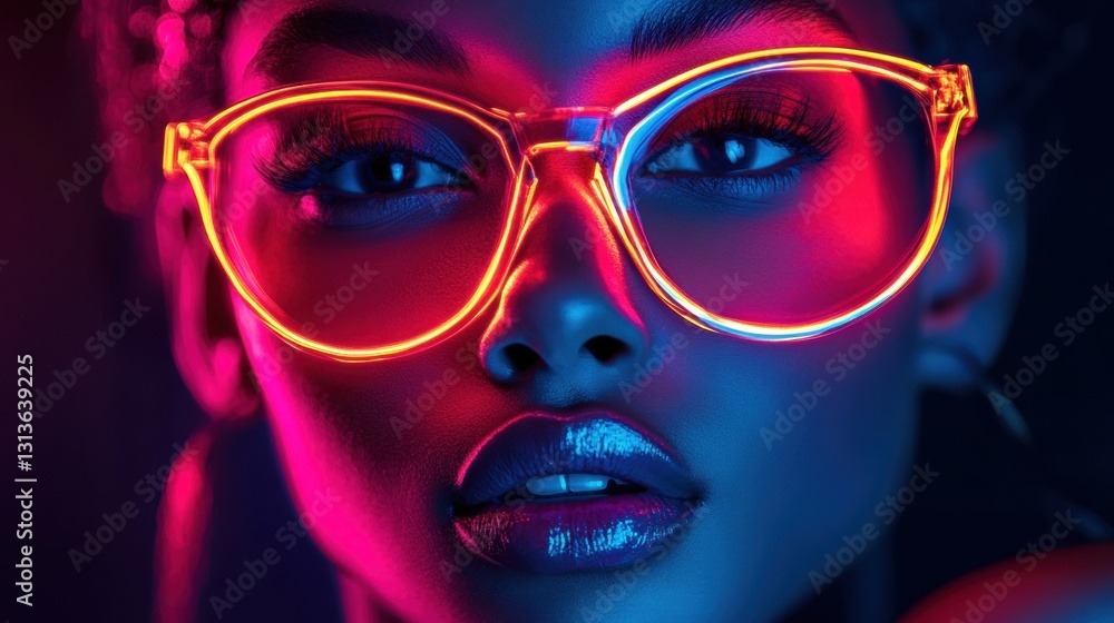 Brilliant close-up portrait of a confident young woman wearing vibrant neon glasses with striking bold makeup against a dramatic background Brilliant close-up portrait of a confident young woman wearing vibrant neon glasses with striking bold makeup against a dramatic background