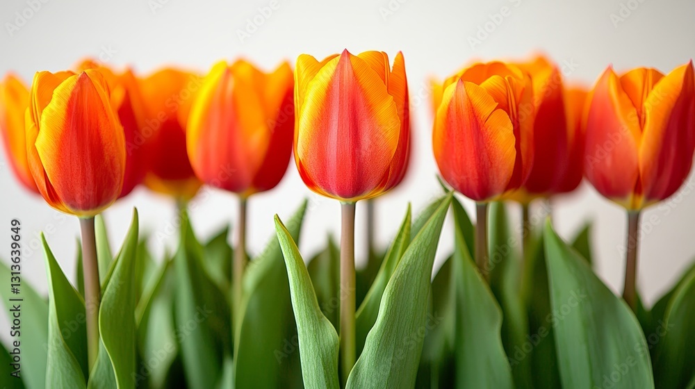 Springtime Beauty Vibrant Orange and Yellow Tulips on a Light Background with Copy Space Springtime Beauty Vibrant Orange and Yellow Tulips on a Light Background with Copy Space