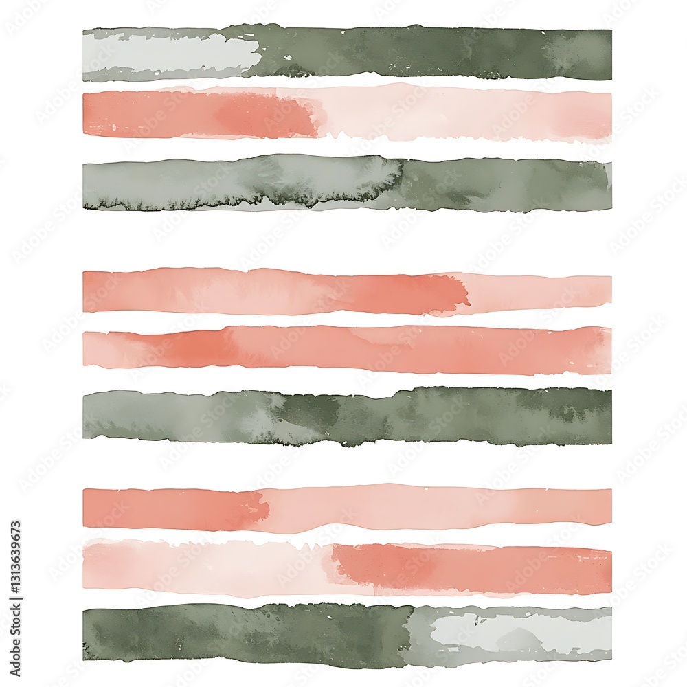 Fototapeta premium Abstract Watercolor Stripes Pale Peach, Sage Green, and Gray Horizontal Brushstrokes.