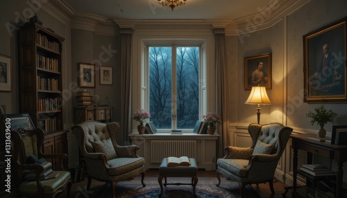 Cozy Reading Nook with Vintage Decor and Dim Lighting in Evening