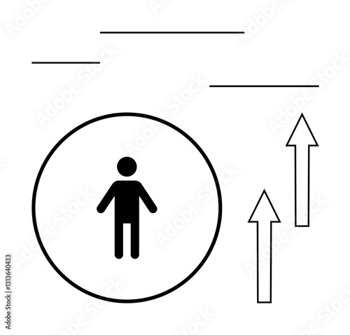 Black silhouette of a person enclosed in a circle with two upward arrows signifying progress, growth, and personal development. Ideal for self-improvement, career advancement, leadership, motivation