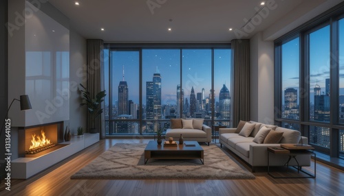 Modern Living Room with City View at Dusk and Cozy Fireplace