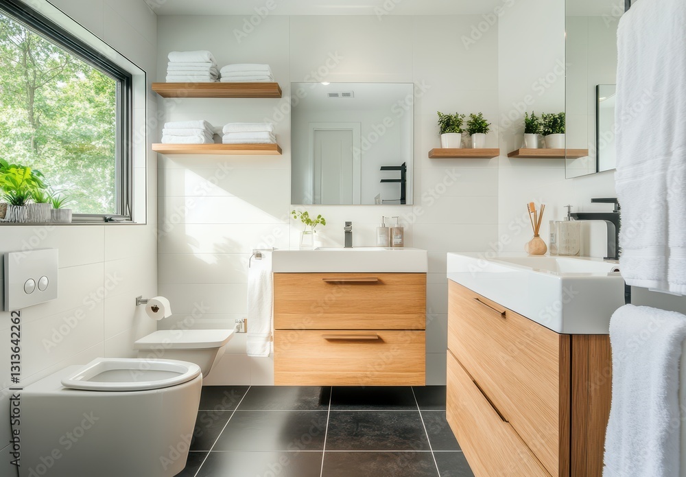 Modern minimalist bathroom interior featuring wooden cabinetry, sleek design elements, bright natural light, and stylish decor for a spa-like atmosphere Modern minimalist bathroom interior featuring wooden cabinetry, sleek design elements, bright natural light, and stylish decor for a spa-like atmosphere