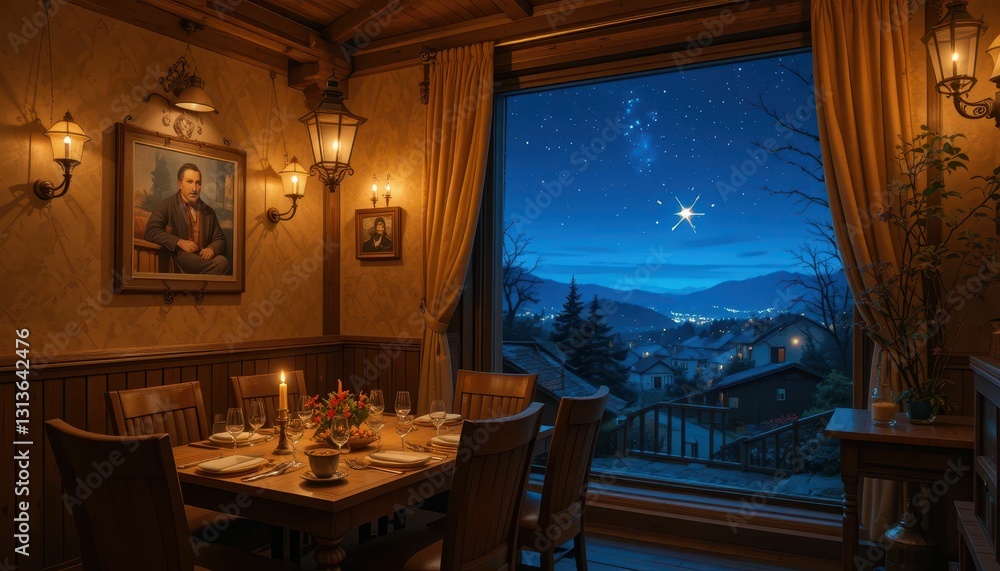Cozy Dining Room with Scenic Night View and Starry Sky Cozy Dining Room with Scenic Night View and Starry Sky
