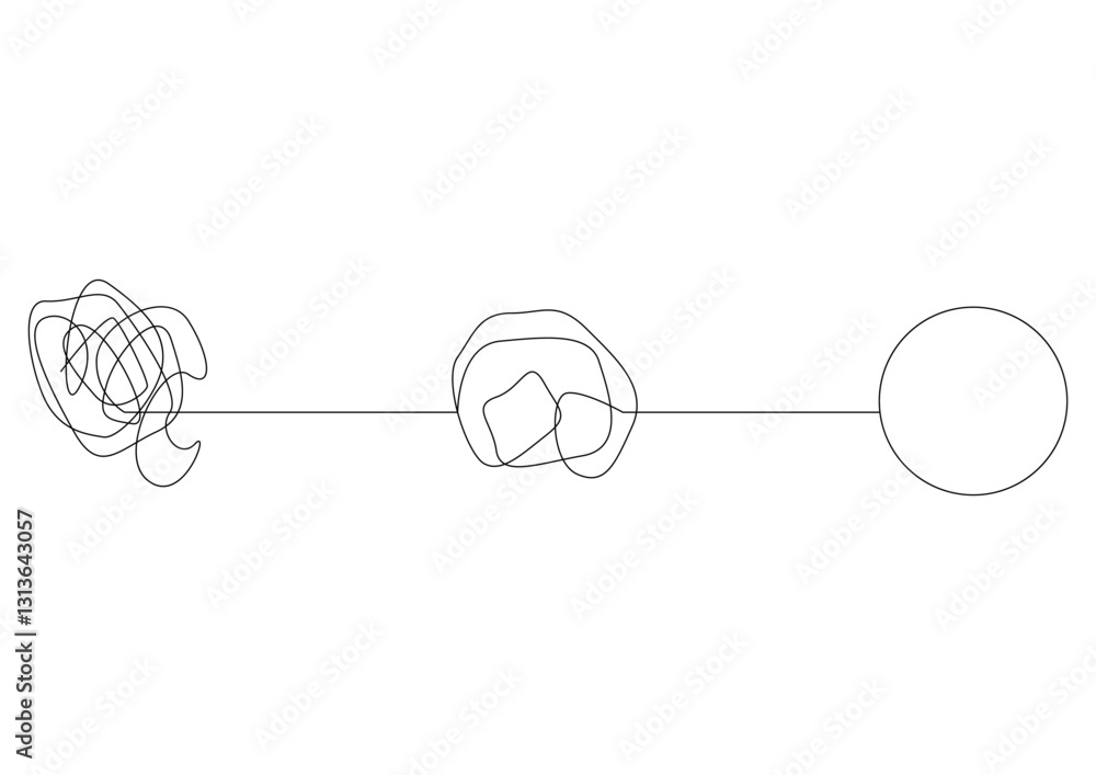continuous one line drawing of a chaotic tangled complex knot and next to it a untwisted knot in the form of a single-line circle, Concept of solving the problem. continuous one line drawing of a chaotic tangled complex knot and next to it a untwisted knot in the form of a single-line circle, Concept of solving the problem.